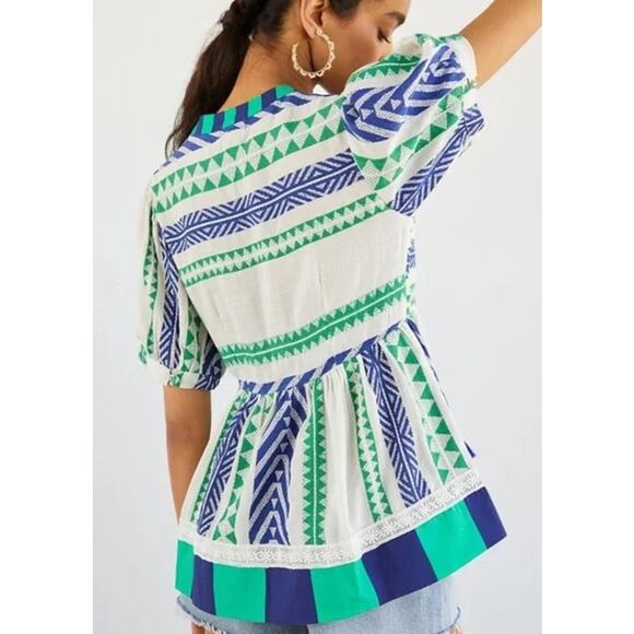 Anthropologie VERB Sz Small Sylvia Babydoll Top Embroidered Green Cotton Blend - Picture 2 of 10